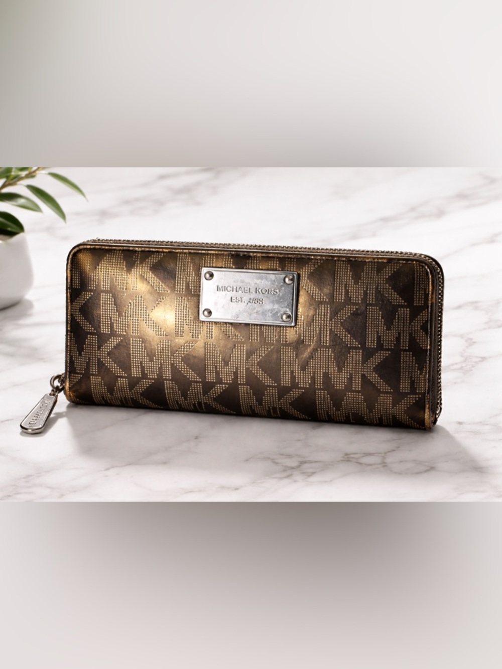 Michael Kors MK Logo Zip Around Wallet Brown Gold